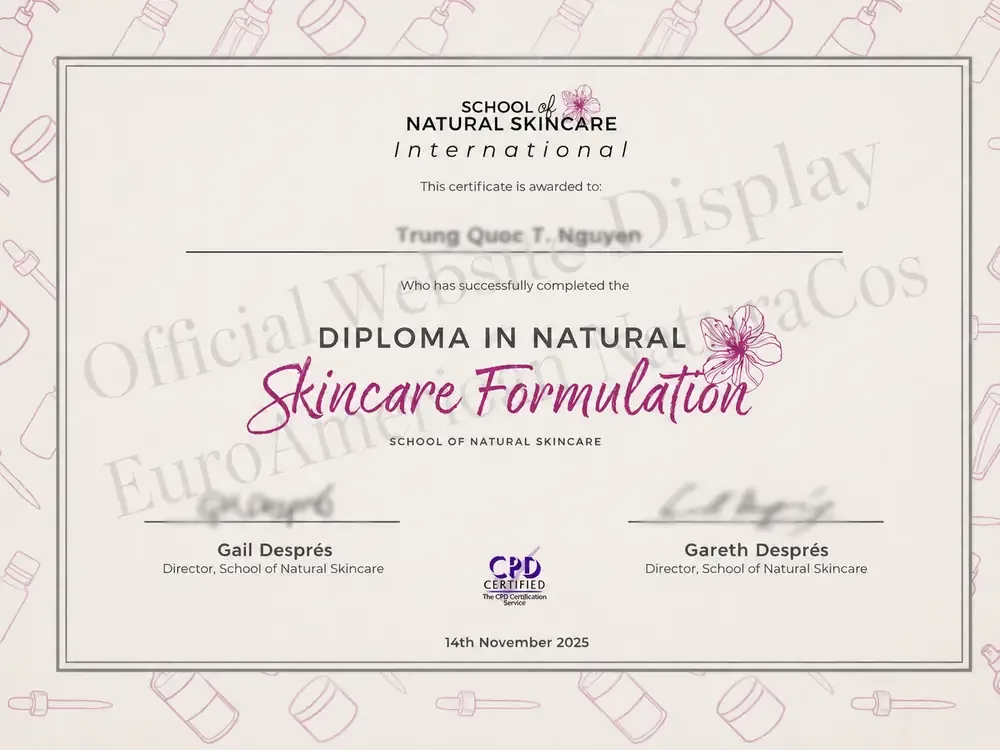 Official protected display version of the Diploma in Natural Skincare Formulation awarded to Trung Quoc T. Nguyen